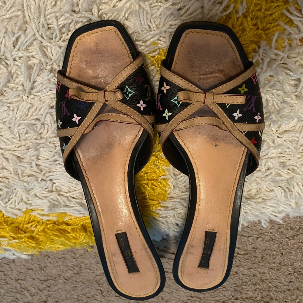 Louis Vuitton Black Multicolor Noir Kitten Heels Mule Size 39 1/2